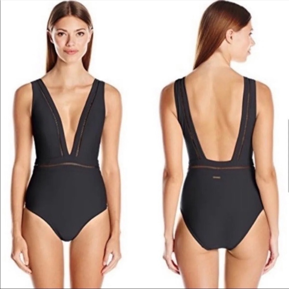 Ted Baker Pointelle Deep V Neck One Plunging One Piece Swimsuit Black